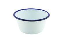 Enamel baking dish round with blue rim 12 cm